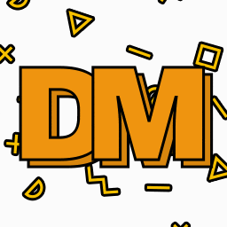 the word dm is surrounded by geometric shapes and letters