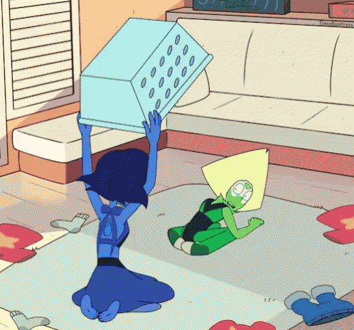 a cartoon drawing of a person holding a laundry basket over their head
