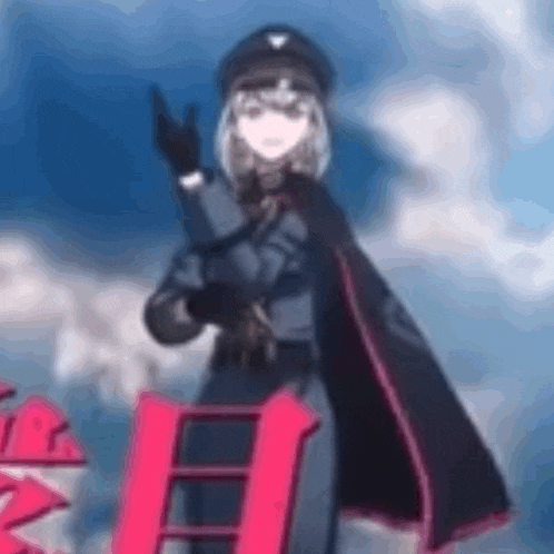 a girl in a military uniform is standing in front of a red arrow .