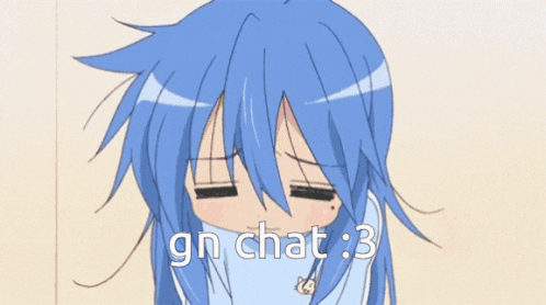 a blue haired anime character with the words gn chat : 3 on the bottom