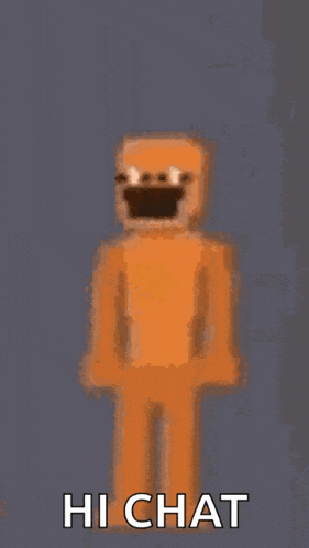 a cartoon character says hi chat while standing in front of a gray background .