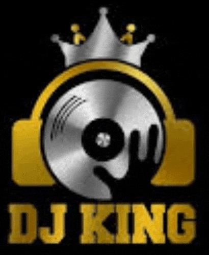 a dj king logo with a hand holding a cd and a crown on a black background .