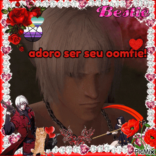 a picture of dante from devil may cry with the words bestie adoro ser seu comtie