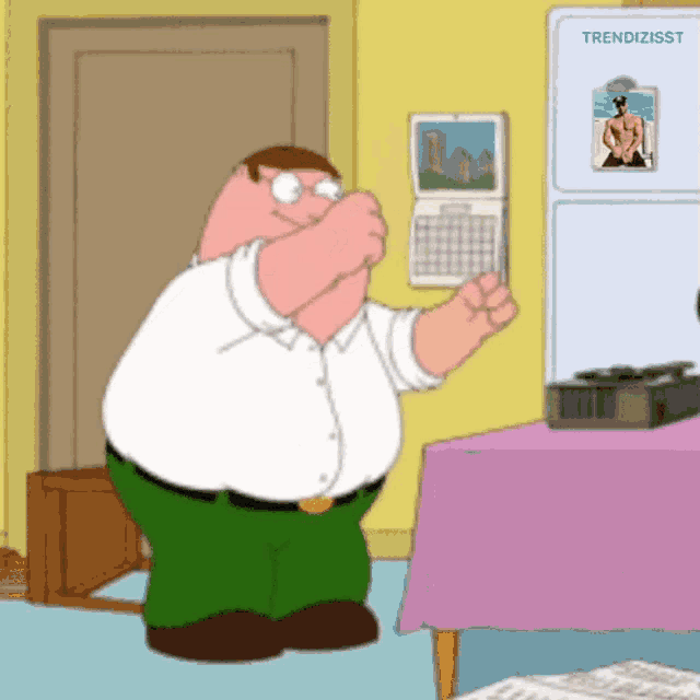 peter griffin from family guy is taking a picture of himself in front of a calendar