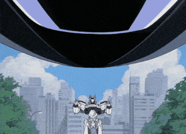 a robot is flying over a city with a building that says kan