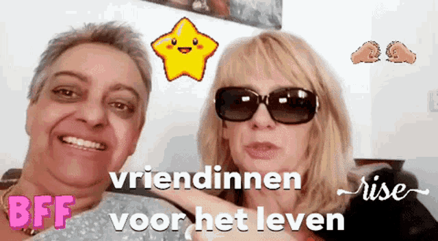 two women are posing for a picture with the words " bff voor het leven " written on the bottom