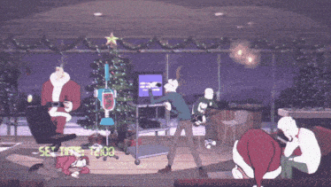 an animated christmas scene with the time 12:00