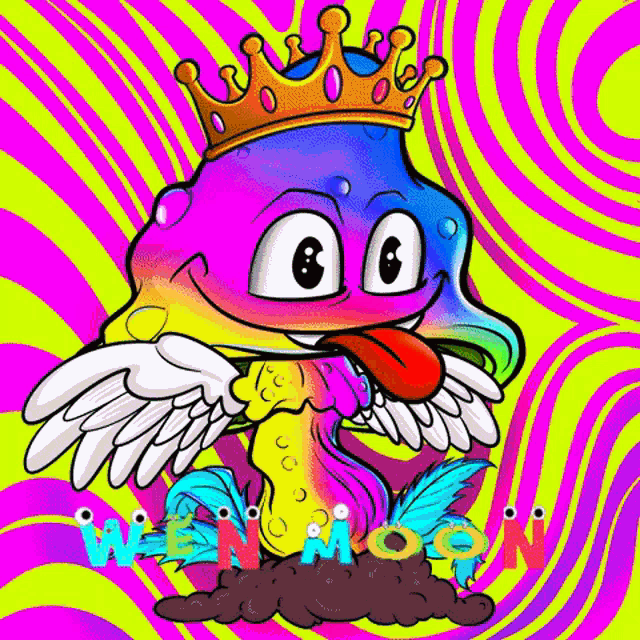a colorful cartoon character with wings and a crown on its head