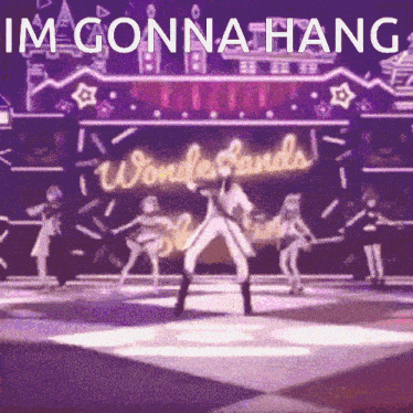 a group of people dancing on a stage with the words im gonna hang above them