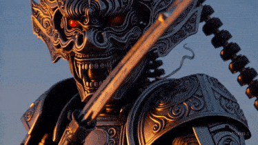 a statue of a samurai with a sword and a mask with red eyes