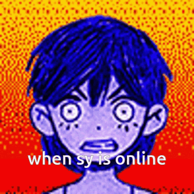 a pixel art of a boy with blue hair and the words " when sy is online "