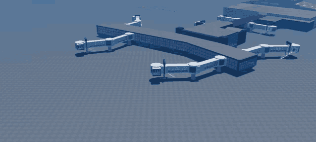 a computer generated image of an airport terminal with a few planes going through it