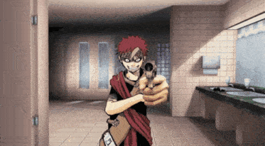a cartoon character in a bathroom pointing a gun