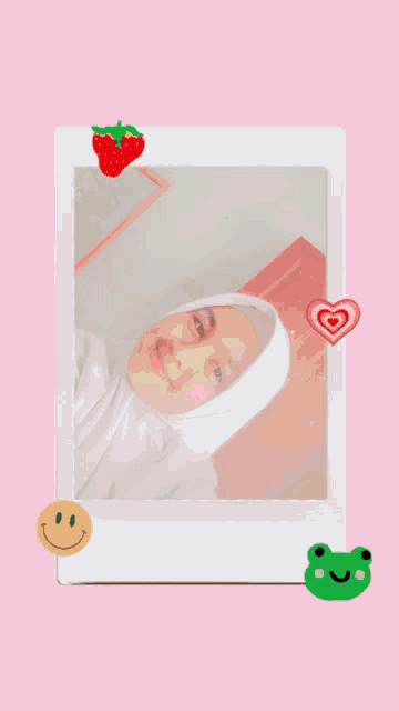 a girl in a white hijab is surrounded by stickers including a smiley face and a frog