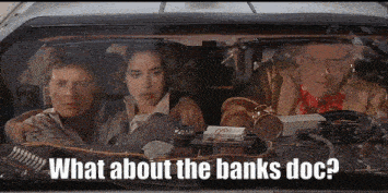 a group of people in a car with the words what about the banks doc on the bottom