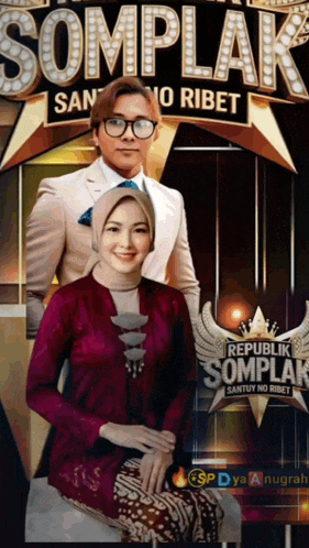 a man and woman are posing for a picture in front of a sign that says republik somplak