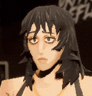 a pixel art drawing of a woman with long black hair