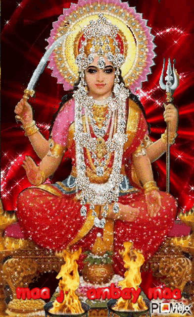 a painting of a woman holding a sword and a trident with the word mag written below her