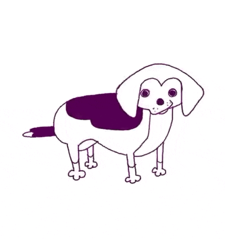 a black and white drawing of a dog with a purple spot on its chest .