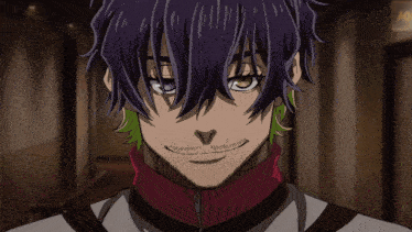 a cartoon character with purple hair and green hair says our star player sendou and your violent plus-one got into another fight