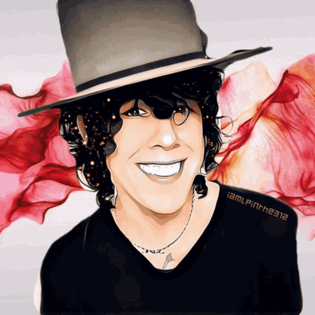 a drawing of a woman wearing a hat and a necklace with the name iamlpinkne312 on the bottom