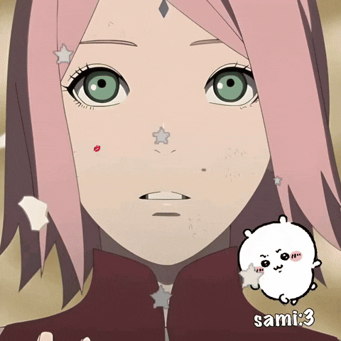 a drawing of a girl with pink hair and green eyes with the name sami 3