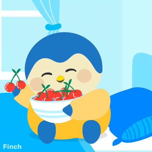 a cartoon of a bird eating cherries with the word snack behind him
