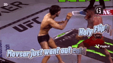 two fighters are fighting on a ufc ring and the words holy flip are above them