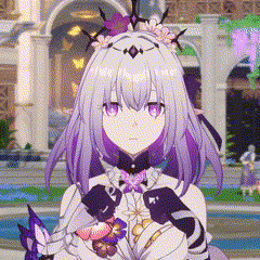 a girl with purple hair and a crown on her head is standing in front of a fountain .