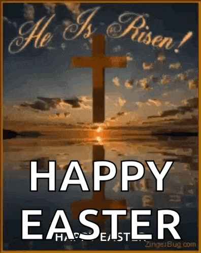 a happy easter greeting card with a cross in the water and the words `` he is risen ! ''