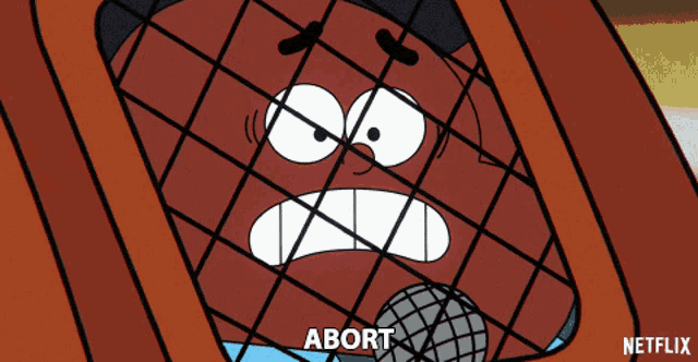 a cartoon character is behind a fence and the word abort is on the screen