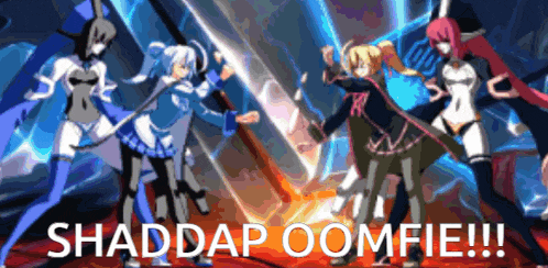 a group of anime characters are fighting each other with the words shaddap oomfie