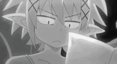 a black and white drawing of a cartoon character looking at something .