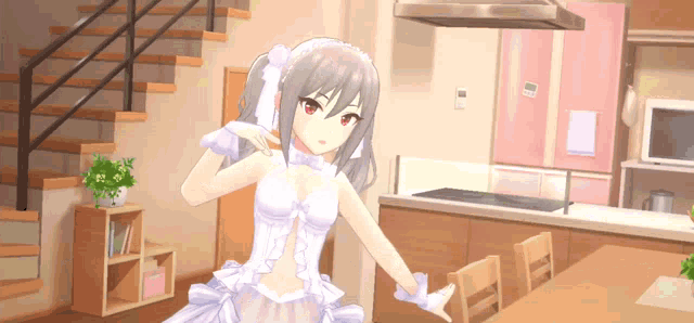 a girl in a white dress is in a kitchen