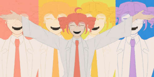 a drawing of a man in a lab coat and tie with his arms outstretched in front of a colorful background