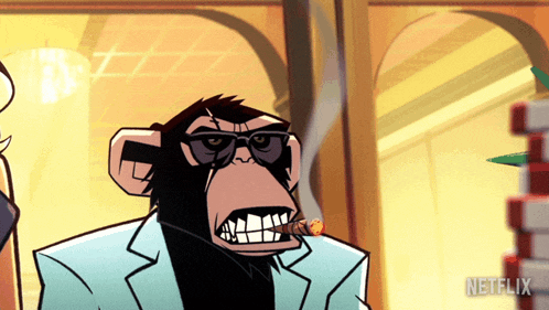 a cartoon of a chimpanzee smoking a cigar with a netflix logo behind him