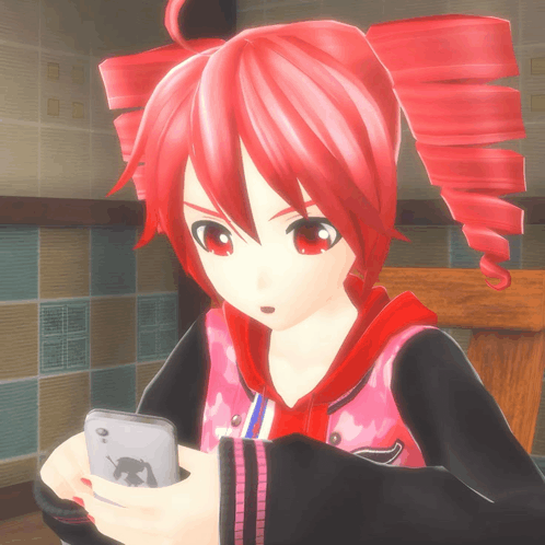 a cartoon girl with red hair is holding a cell phone