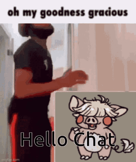 a man wearing a mask is running next to a picture of a pig that says hello chat .