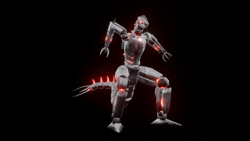 a robot with glowing red eyes is standing on one leg