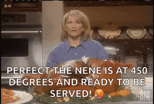 a woman is standing in front of a turkey and says perfect the nene is at 450 degrees