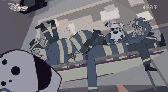a disney channel advertisement with a dalmatian and two firemen