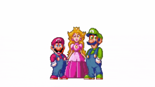 a pixel art of mario luigi and princess peach with the words " you fucking idiot " below them