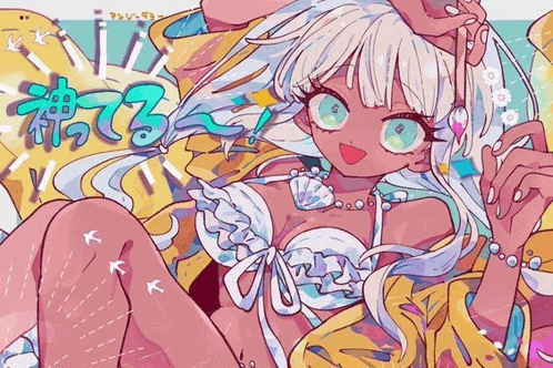 a drawing of a girl in a bikini holding a brush and smiling .