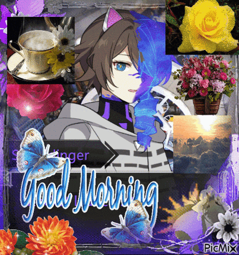 a collage of flowers and butterflies with the words good morning on the bottom