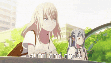 a couple of anime girls standing next to each other with the words sumi and meto on the bottom right