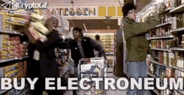a group of people are shopping in a grocery store and the words buy electroneum are on the screen