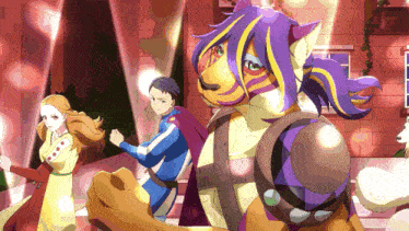 a man in a blue shirt is standing next to a tiger