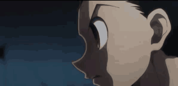 a close up of a anime character 's face with a dark background
