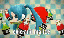 a girl with blue hair is dancing in front of a checkered background with a bunch of dolls .
