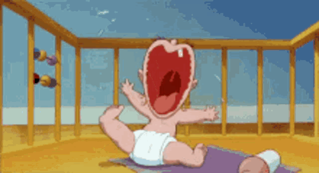 a cartoon baby is crying in a crib with his mouth wide open